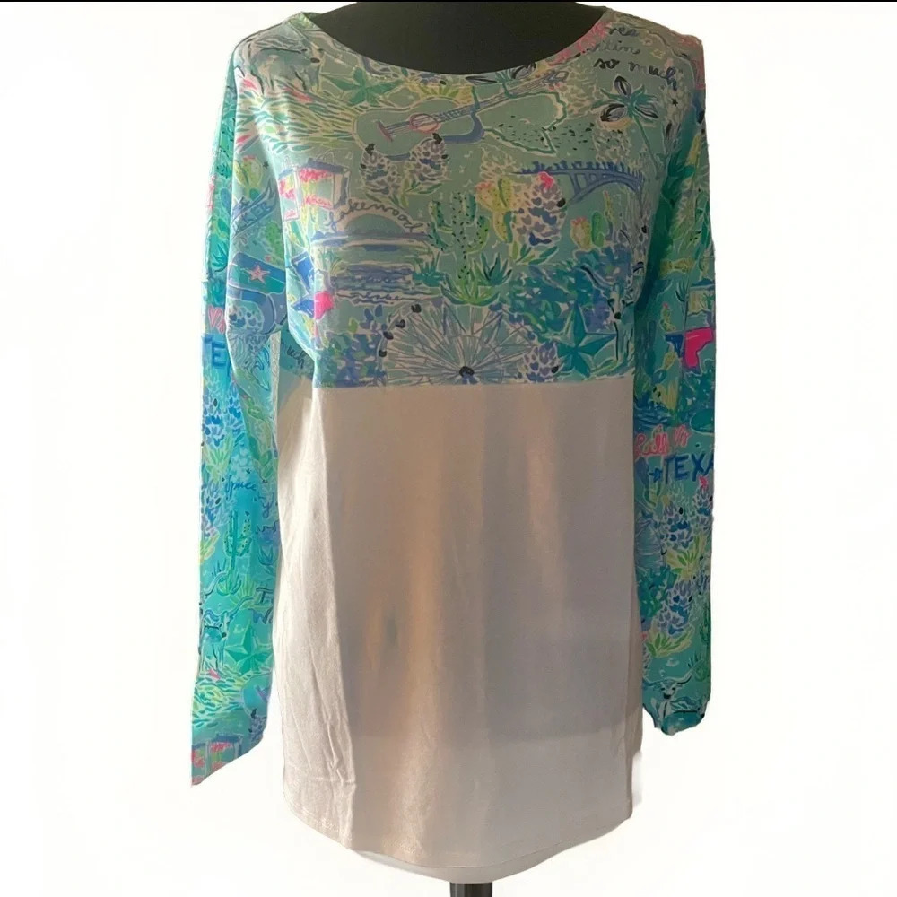 New! Lilly Pulizer Boat Neck Long Sleeve Shirt Bayside Blue Lilly Loves Texas